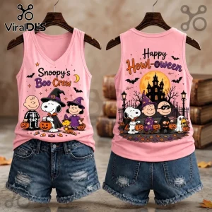 Snoopy Boo Crew Halloween 2026 V-Neck Tank Top in light pink with cartoon Peanuts characters in spooky festive costumes.