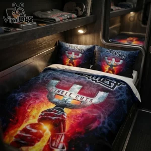Judas Priest Single Cuts bedding set with Trident logo graphic on a navy blue and fiery orange fabric background.!