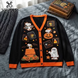 Black knit cardigan with orange trim featuring Snoopy, Woodstock, pumpkins, candy corn, and ghost Halloween embroidery.!