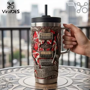 Van Halen Frankenstrat 40oz handle tumbler with red, white, and black striped guitar body design and metal hardware.