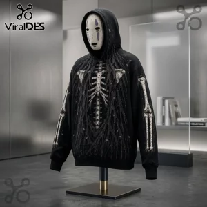 No Face Kaonashi Skeleton Streetwear Hoodie with a skeletal ribcage graphic on a black hooded sweatshirt.