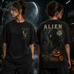 Alien Halloween Horror Pumpkin Acid Wash T-Shirt featuring a xenomorph, glowing pumpkins, and distressed black fabric.