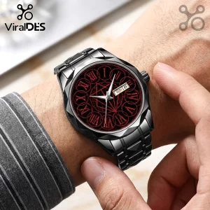 In Flames Black Alloy Roman Numeral Quartz Watch with red geometric dial, black link strap, and day-date display on wrist.