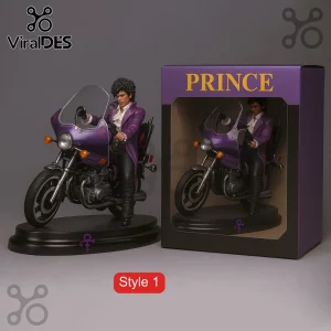 Prince 1/6 Scale Deluxe Collectible Action Figure on a purple motorcycle beside its matching retail display box.
