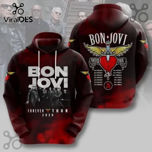 Bon Jovi Forever Tour 2026 hoodie with band photo on front, heart-dagger graphic and tour dates on back in red tie-dye.!