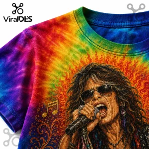 Tie-dye t-shirt featuring a detailed illustration of Steven Tyler singing into a microphone against orange flames.!