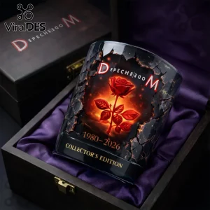Depeche Mode tribute tumbler in a wooden box featuring a red rose graphic, cracked stone texture, and 1980-2026 text.!
