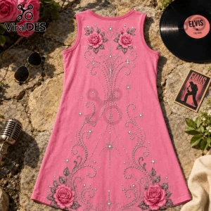 Pink cotton tank dress featuring an ornate silver filigree pattern, starburst accents, and deep pink rose motifs.!
