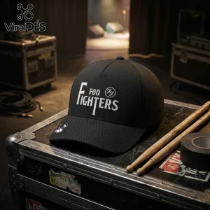 Black baseball cap featuring white Foo Fighters logo and circular FF emblem on a road case with drumsticks.!