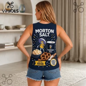 Morton Salt Vintage 1848 V-Neck Tank Top featuring a yellow-clad girl holding an umbrella with popcorn and a pretzel.