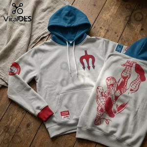 Diablos Rojos x Spider-Man Marvel Beige Hoodie featuring a blue hood, red accents, and a large Spider-Man back graphic.