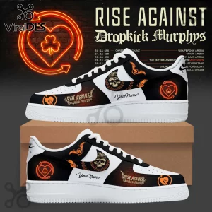 Customized sneakers featuring Rise Against and Dropkick Murphys logos, skull graphics, and neon orange heart emblems.!