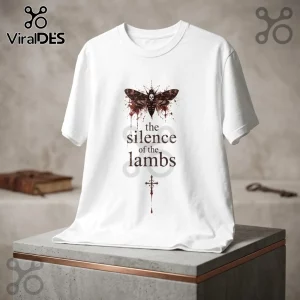 The Silence of the Lambs Death’s-Head Moth Horror T-Shirt with a central moth graphic and gothic text on white cotton.
