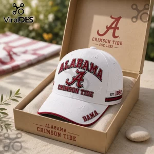 Alabama Crimson Tide Premium White Baseball Cap featuring red team lettering and logos inside a branded cardboard gift box.