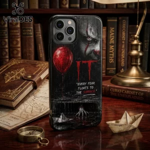 Pennywise IT horror movie phone case featuring a red balloon and text that reads Every fear floats to the surface.!