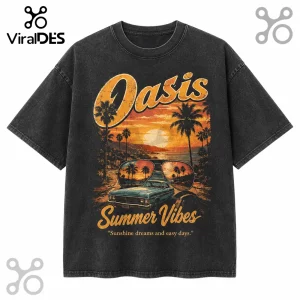 Vintage black mineral wash t-shirt featuring a sunset beach graphic, a classic car, sunglasses, and the text Oasis Summer.!