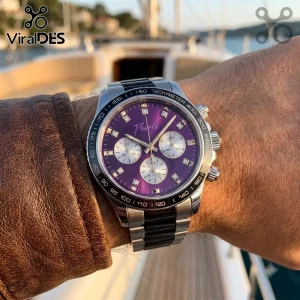Prince Purple Rain Black Chronograph Watch featuring a deep purple dial, crystal markers, and stainless steel band.