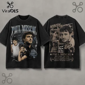 Paul Mescal Actor Retro Black T-Shirt with vintage photographic collages of the actor and filmography text on front/back.