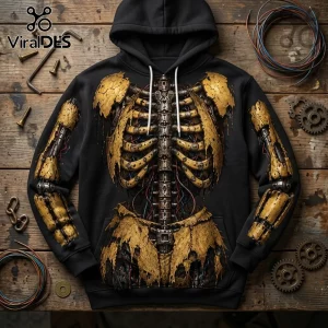 Five Nights at Freddys Chica Mechanical Skeleton Hoodie featuring yellow robotic parts, wires, and gears on black fabric.