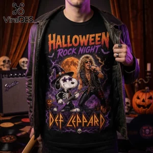 Snoopy x Def Leppard Midnight Howl Halloween T-Shirt features a rockstar and Snoopy playing guitar in front of a moon.