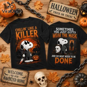 Snoopy Halloween Michael Myers Chillin Killer T-Shirt front and back print on black cotton fabric with orange ink detail.