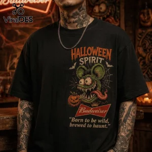 Budweiser Born To Be Wild Halloween Rat Fink T-Shirt featuring a green monster mouse, a pumpkin, and red Budweiser logo.