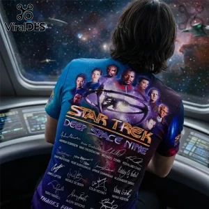 Blue Star Trek Deep Space Nine t-shirt featuring cast portraits, series logo, and printed actor signatures on back.!
