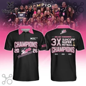 Adelaide Thunderbirds 3X Suncorp Super Netball Champions black polo shirt with pink collar and 2026 victory graphic.!