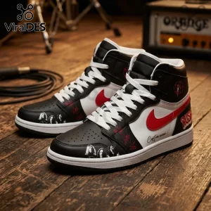 Rush Fifty Something Tour 2026 high-top sneakers in black, white, and red with band graphics on a wooden floor background.