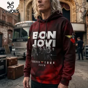 Man wearing a dark red tie-dye hoodie featuring a Bon Jovi 2026 Forever Tour print with band members and a winged dagger.!