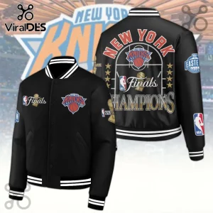 Black New York Knicks 2026 Finals Champions varsity jacket with white striped trim, team logo, and trophy graphics.!