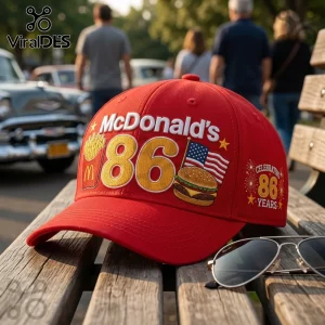 McDonalds 86 Years Celebration red baseball cap featuring embroidered golden numbers, fries, a cheeseburger, and flag.