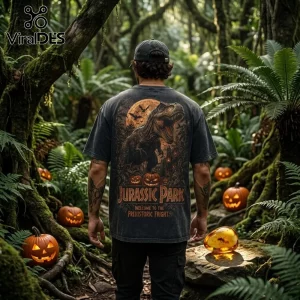 Jurassic Park Halloween T-Rex Pumpkin Black Cotton T-Shirt featuring a dinosaur silhouette, jack-o'-lanterns, and full moon.