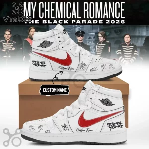 Custom white leather high-top sneakers with red Nike swoosh, My Chemical Romance logos, and band member autographs.!