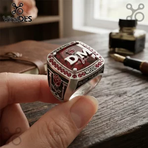 Silver championship ring featuring Depeche Mode logo, red gem center, rose engravings, and Enjoy The Silence text inscription.!