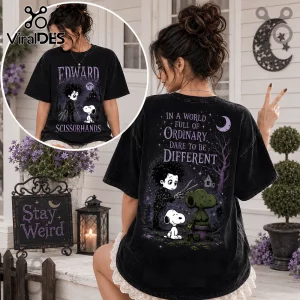 Edward Scissorhands x Snoopy Halloween black t-shirt featuring graphic art of both characters on a gothic moonlit background.