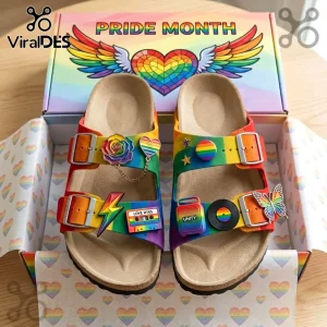 Rainbow Pride slides with metal charms including rose, heart, lightning bolt, cassette, vinyl record, and butterfly icons.!