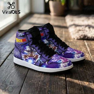 Dragon Ball Z high-top sneakers in purple with Ultra Instinct Goku, white soles, black laces, and galaxy pattern detailing.!