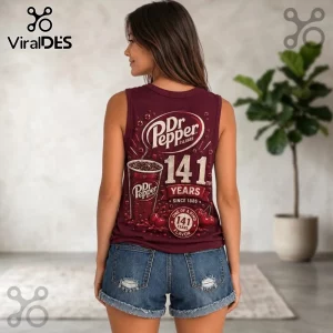 Dr Pepper 141st Anniversary V-Neck Tank Top in maroon featuring a soda graphic, glass, and cherry illustrations on back.