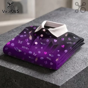 BTS Purple Pattern Personalized Polo Shirt featuring icons, hearts, and Korean text on a gradient fabric with a white collar.