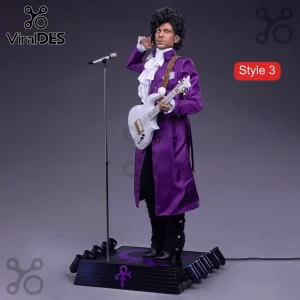 Prince Purple Rain Diorama Desktop Figurine wearing a signature purple coat with a white guitar on a concert stage base.
