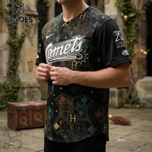 Oklahoma City Comets x Harry Potter 25 Years Magic baseball jersey with black fabric, gold house crests, and text.