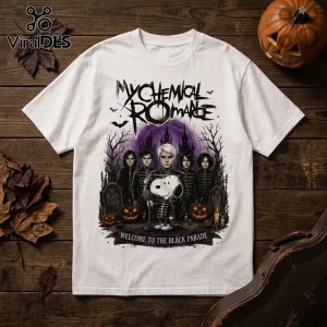 Snoopy x My Chemical Romance Black Parade T-Shirt featuring Snoopy in a marching band uniform with band members.