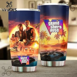 Grand Theft Auto VI themed stainless steel travel tumbler featuring sunset beach, palm trees, and game character graphics.!