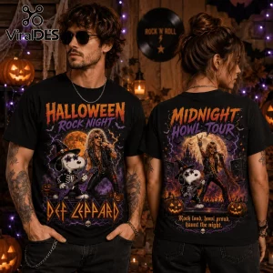 Snoopy x Def Leppard Midnight Howl Halloween T-Shirt featuring rock star Snoopy and band graphics on a black cotton tee.