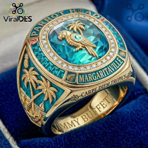 Jimmy Buffett Margaritaville gold parrot ring featuring a blue gemstone, palm tree motif, and embedded crystals.