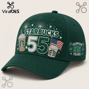 Starbucks 55th Anniversary dark green baseball cap with printed graphics of coffee cups, fireworks, and USA flag.