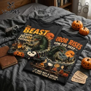 Snoopy Beast From 20,000 Fathoms Halloween 3D Shirt NTH1 featuring a giant green monster, Snoopy, and Peanuts characters.