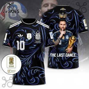 Argentina National Team Messi 2026 World Cup black hoodie featuring number 10, trophy graphics, and blue swirling designs.