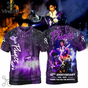 Prince 67th Anniversary purple pullover hoodie featuring graphic prints of Prince, doves, and his iconic love symbol.